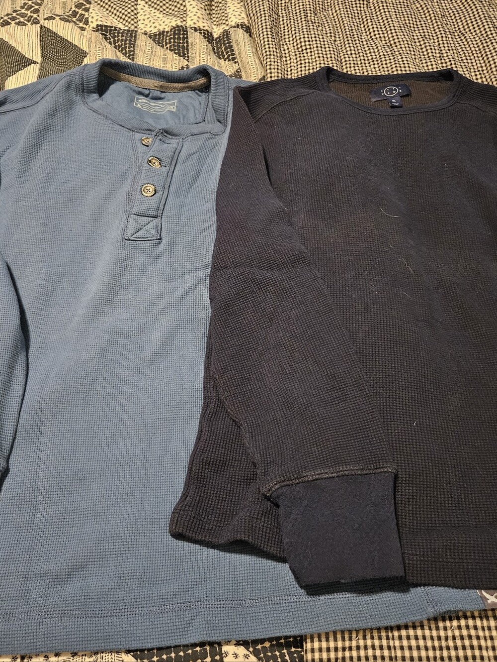 2 Mens Waffle Knit, Long Sleeve, Crew Neck Shirts
